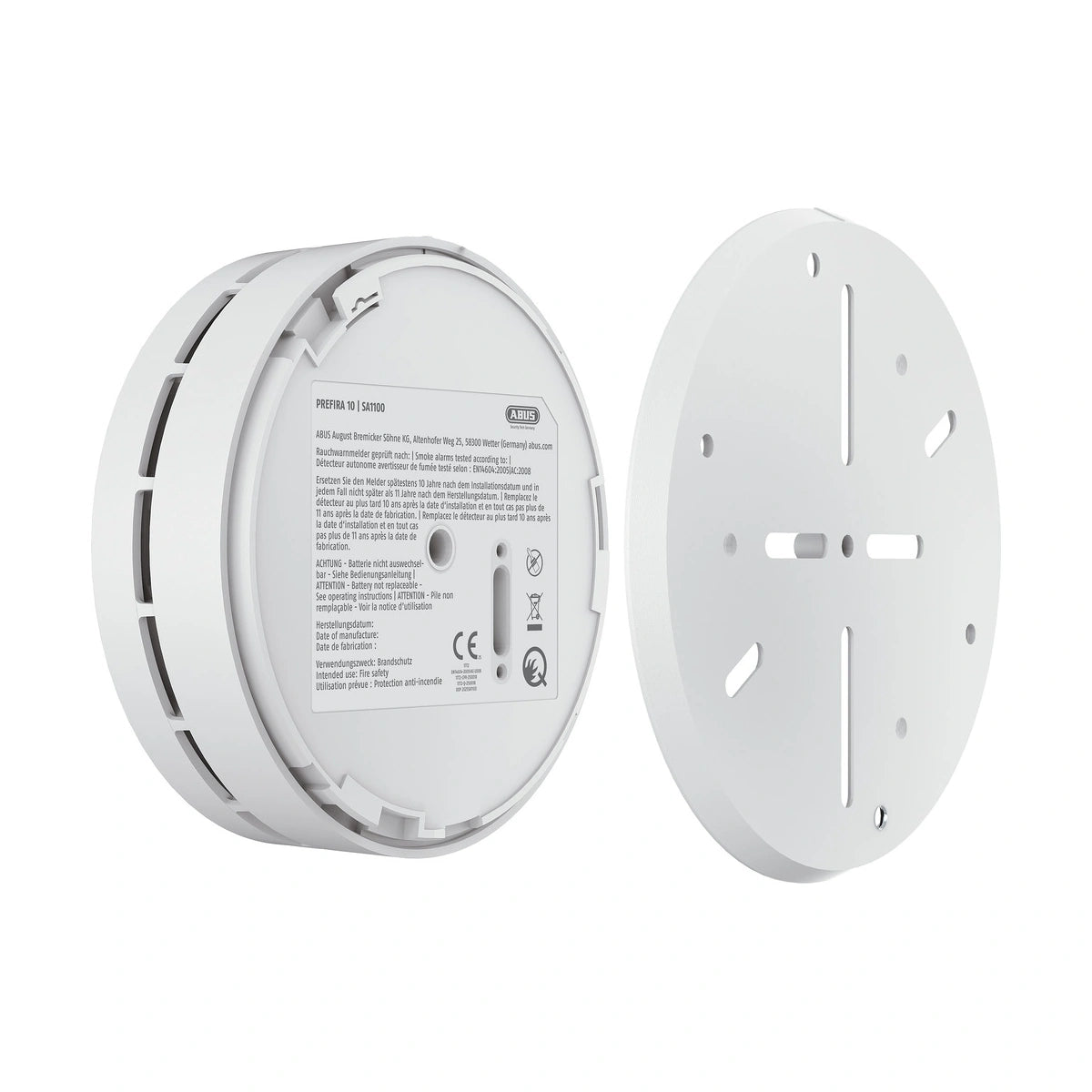 Abus Rauchmelder PREFIRA 10 SA1100 – Rückseite und Montageplatte