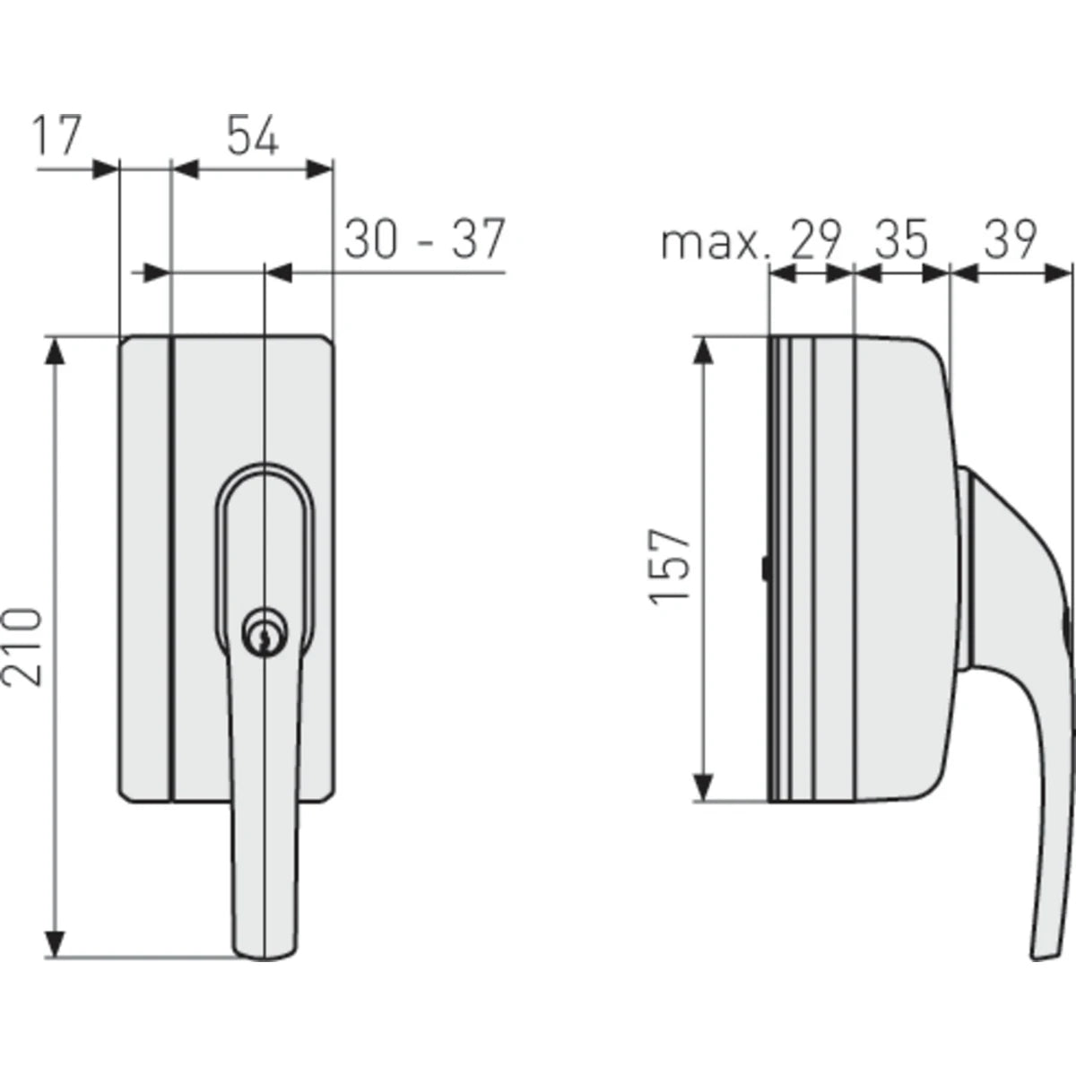 Technische Zeichnung Abus Fenstersicherung Fenstergriff-Schloss FO400A