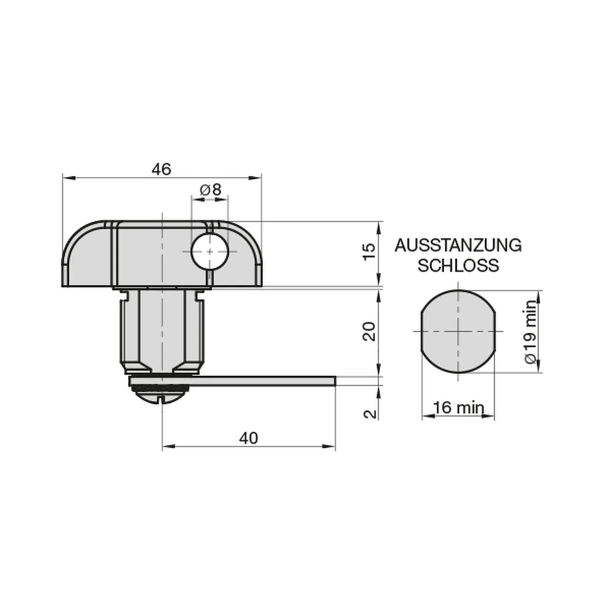 Technische Zeichnung Basi Spindschloss HS 361 für Vorhangschlösser