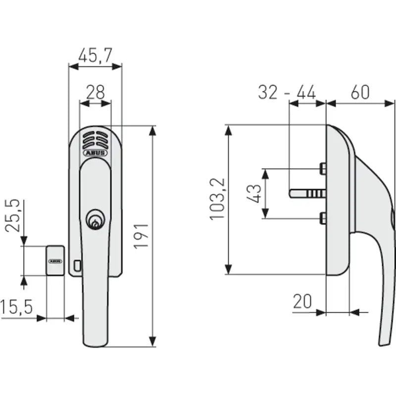 Abus Abschließbarer Fenstergriff mit Alarm FG300A Technische Zeichnung