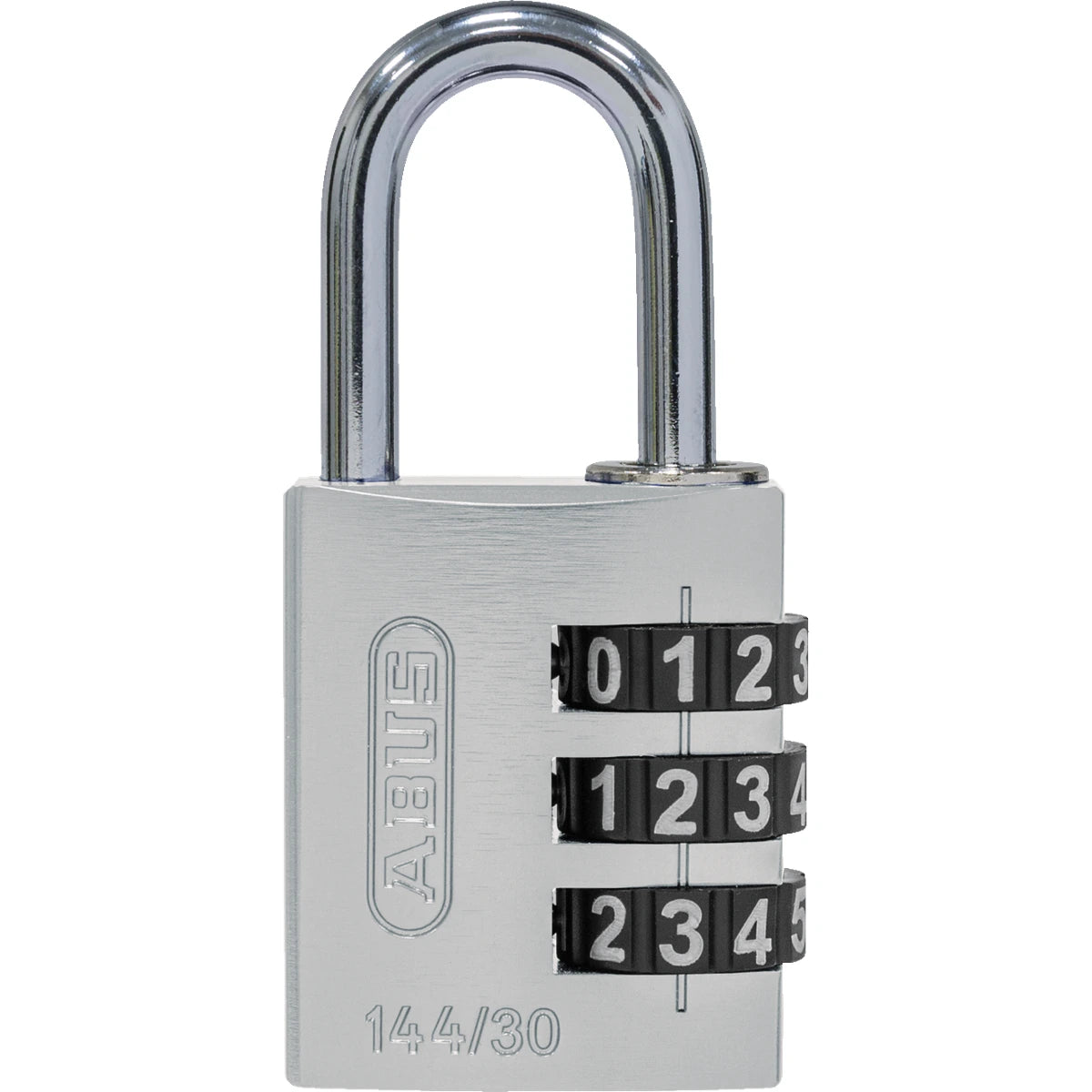 Abus Aluminium Zahlenschloss 144/30 Silber Lock-Tag – Vorderansicht