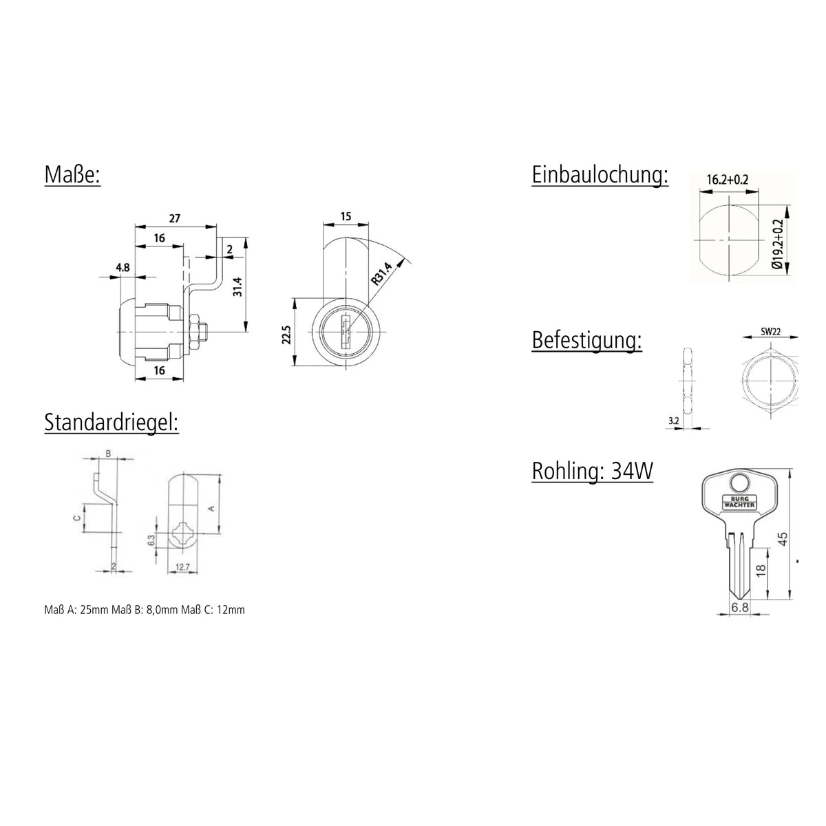 Technische-Zeichnung - Burg-Waechter Ersatzzylinder ZBK 72 fuer Rombi & Knobloch Briefkaesten