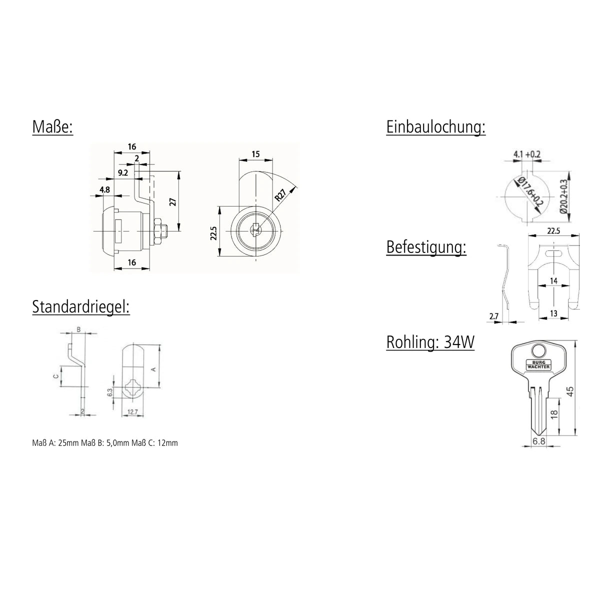Technische-Zeichnung - Burg-Waechter Ersatzzylinder ZBK 74 fuer Brabantia Briefkaesten aus Kunststoff