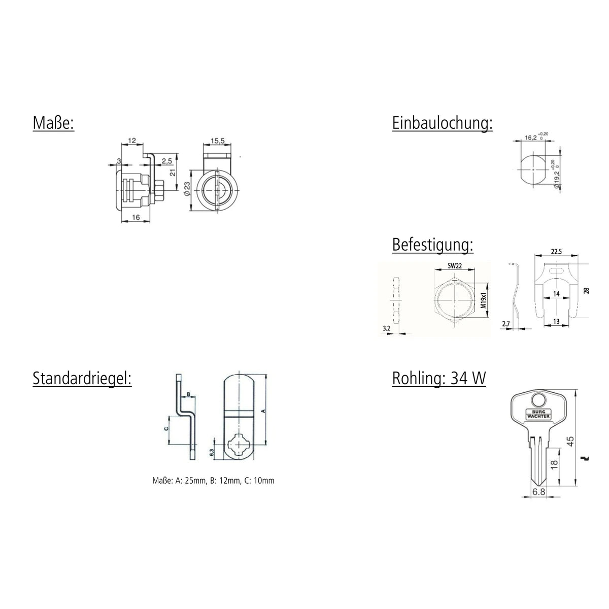 Technische-Zeichnung - Burg-Waechter Ersatzzylinder ZBK 75 fuer Renz und ME-FA Briefkaesten ab Baujahr 2006